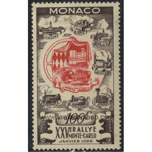SELLOS DE MONACO 1955 - 25º RALLY AUTOMÓVIL DE MONTE-CARLO - 1 VALOR CORREO 