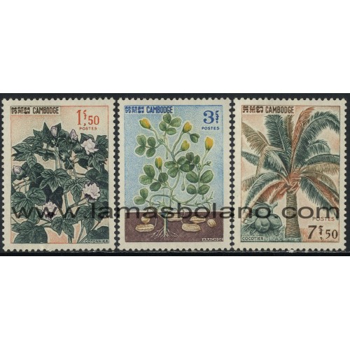 SELLOS DE CAMBOYA 1965 - PLANTAS INDUSTRIALES - ALGODON - CACAHUETE - COCOTERO - 3 VALORES SEÑAL FIJASELLO - CORREO