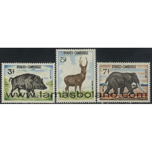 SELLOS DE CAMBOYA 1967 - ANIMALES - JABALI - CIERVO - ELEFANTE - 3 VALORES - CORREO