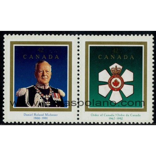 SELLOS DE CANADA 1992 - DANIEL ROLAND MICHENER Y 25 ANIVERSARIO DE LA ORDEN DEL CANADA - 2 VALORES - CORREO