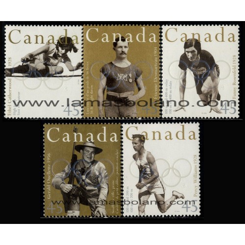 SELLOS DE CANADA 1996 - HEROES CANADIENSES DEL DEPORTE - ATLETAS CON MEDALLA DE ORO OLIMPICO - 5 VALORES - CORREO