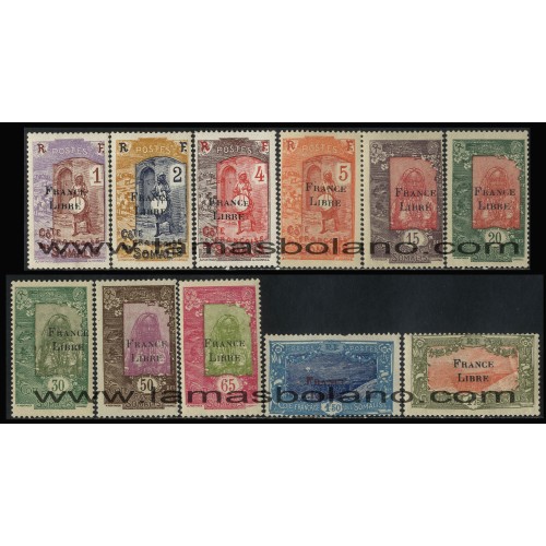 SELLOS DE COSTA DE SOMALIA 1942 - SELLOS DE 1915/1925 SOBRECARGADOS - 11 VALORES CORREO 