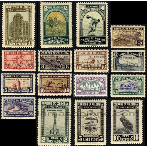 SELLOS DE COLOMBIA 1935 - III JUEGOS OLIMPICOS CENTRO Y SUDAMERICANOS EN BARRANQUILLA - 16 VALORES - CORREO