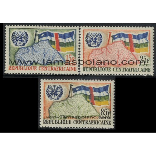 SELLOS DE CENTROAFRICANA 1961 - ADMISION EN LAS NACIONES UNIDAS - 3 VALORES - CORREO