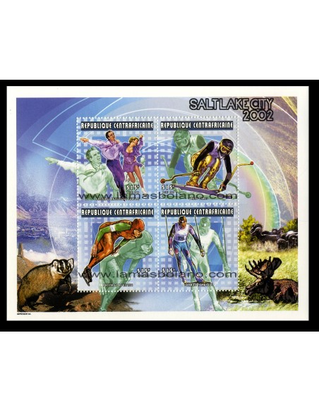SELLOS DE CENTROAFRICANA 2000 - OLIMPIADA DE INVIERNO DE SALT LAKE CITY - 16 VALORES EMITIDOS EN 4 HOJITAS - CORREO
