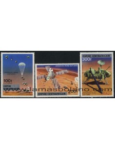 SELLOS DE CENTROAFRICANA 1977 - OPERACION VIKING EN MARTE - 3 VALORES SOBRECARGADOS - AEREO