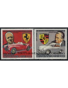 SELLOS DE CENTROAFRICANA 1983 - GRANDES CONSTRUCTORES DE AUTOMOVILES - FERRARI - PORSCHE - 2 VALORES - AEREO