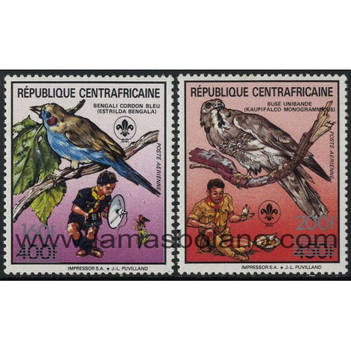 SELLOS DE CENTROAFRICANA 1988 - BOY SCOUTS Y PAJAROS - 2 VALORES SOBRECARGADOS - AEREO
