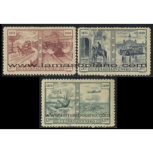 SELLOS DE CHECOESLOVAQUIA 1949 - 75 ANIVERSARIO DE LA UPU - 3 VALORES SEÑAL FIJASELLO - CORREO