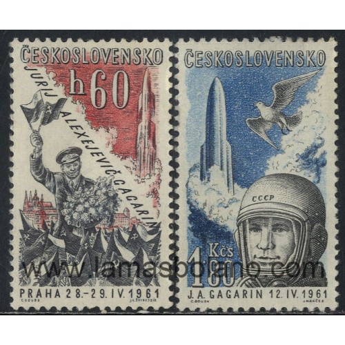 SELLOS DE CHECOESLOVAQUIA 1961 - VISITA A PRAGA DEL PRIMER COSMONAUTA J.A. GAGARIN - 2 VALORES - AEREO