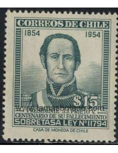 SELLOS DE CHILE 1956 - CENTENARIO DEL FALLECIMIENTO DEL PRESIDENTE PRIETO - 1 VALOR - CORREO