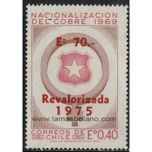 SELLOS DE CHILE 1975 - NACIONALIZACION DE LAS MINAS DE COBRE - 1 VALOR SOBRECARGADO - CORREO