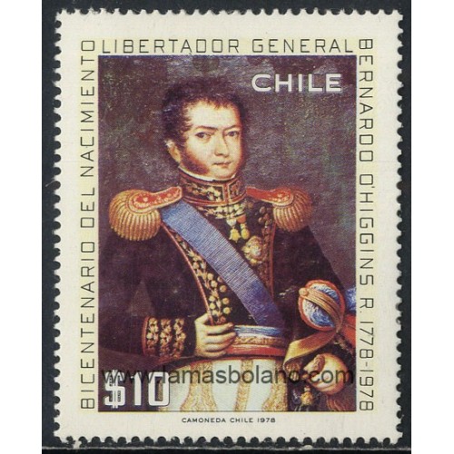 SELLOS DE CHILE 1978 - BERNARDO O' HIGGINS BICENTENARIO NACIMIENTO - PINTURA - 1 VALOR - CORREO