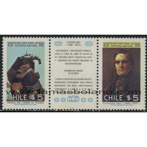 SELLOS DE CHILE 1980 - MUSEO NACIONAL DE HISTORIA NATURAL DE CHILE 150 ANIVERSARIO - 2 VALORES CON BANDELETA - CORREO