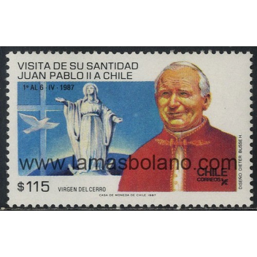 SELLOS DE CHILE 1987 - VISITA DEL PAPA JUAN PABLO II A CHILE - VIRGEN DEL CERRO - 1 VALOR - CORREO