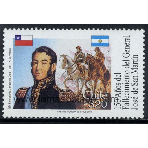 SELLOS DE CHILE 2000 - GENERAL JOSE DE SAN MARTIN 150 ANIVERSARIO DEL FALLECIMIENTO - 1 VALOR - CORREO