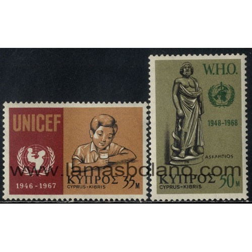 SELLOS DE CHIPRE 1968 - 20 ANIVERSARIO DE LA ORGANIZACION MUNDIAL DE LA SALUD - 21 ANIVERSARIO DE LA UNICEF - 2 VALORES - CORREO