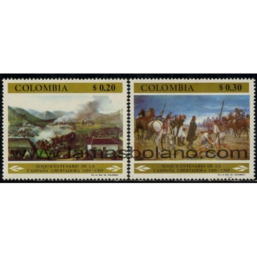 SELLOS DE COLOMBIA 1969 - SESQUICENTENARIO DE LA CAMPAÑA LIBERTADORA - PINTURA - 2 VALORES - CORREO