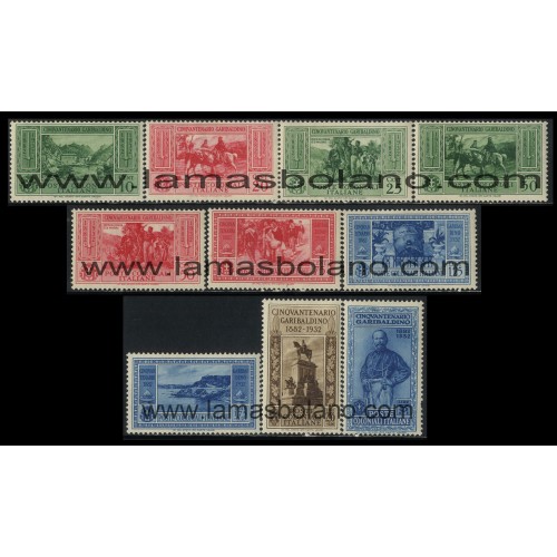 SELLOS DE COLONIAS ITALIANAS 1932 - GARIBALDI - SELLOS DE ITALIA 1932 SOBRECARGADOS - 10 VALORES SEÑAL FIJASELLO - CORREO