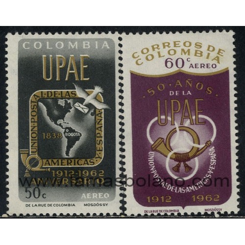SELLOS DE COLOMBIA 1962 - UPAE CINCUENTENARIO DE LA UNION POSTAL DE LAS AMERICAS Y ESPAÑA - 2 VALORES - AEREO