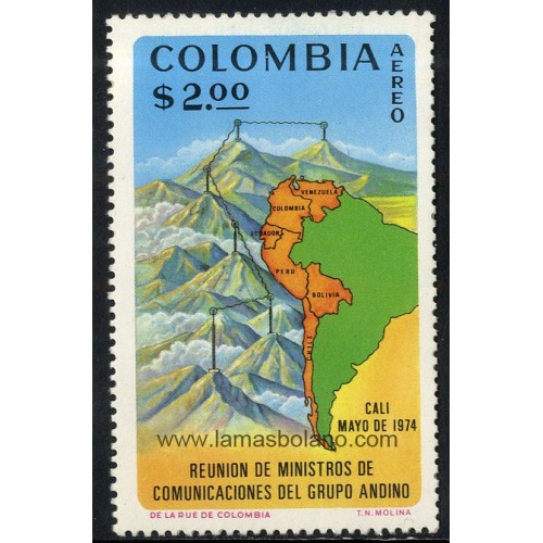 SELLOS DE COLOMBIA 1974 - REUNION DE MINISTROS DE COMUNICACIONES DEL GRUPO ANDINO - 1 VALOR - AEREO
