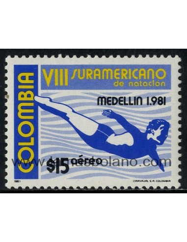 SELLOS DE COLOMBIA 1981 - 8 CAMPEONATO SUDAMERICANO DE NATACION EN MEDELLIN - 1 VALOR - AEREO