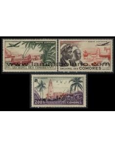 SELLOS DE COMORES 1950/1953 - FAUBOURG DE MUTSAMUDU - MEZQUITA MORONI - MEZQUITA OUANI - 3 VALORES - AEREO