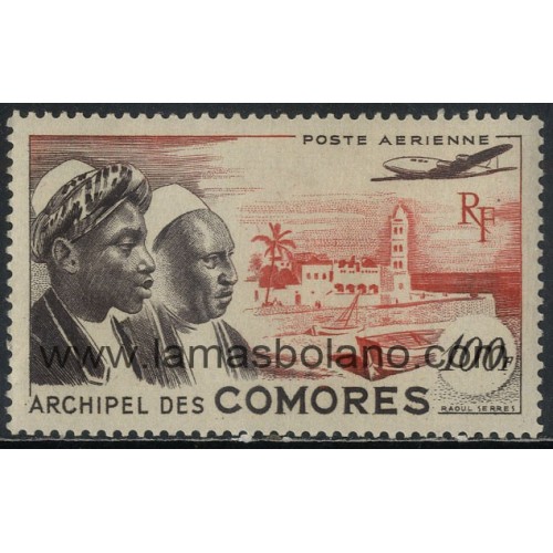 SELLOS DE COMORES 1950 - INDIGENAS Y MEZQUITA DE MORONI - 1 VALOR - AEREO