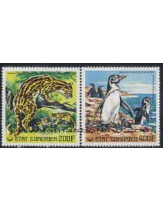 SELLOS DE COMORES 1977 - ANIMALES EN VIA DE DESAPARICION - OCELOTE - PINGUINO - 2 VALORES - AEREO