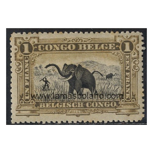 SELLOS DE CONGO BELGA 1916 - CAZA DEL ELEFANTE - INSCRIPCIONES BILINGUES - 1 VALOR - CORREO