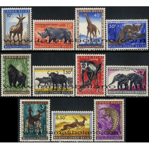 SELLOS DE CONGO BELGA 1959 - ANIMALES SALVAJES - 11 VALORES SEÑAL FIJASELLO - CORREO