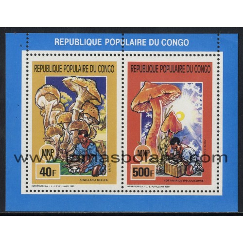 SELLOS DE REPUBLICA DEL CONGO 1990 - BOY SCOUTS Y SETAS - 2 VALORES EMITIDOS EN HOJITA - CORREO Y AEREO