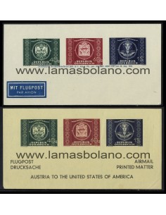 SELLOS DE AUSTRIA 1949 - 75 ANIVERSARIO UPU - CORREO AEREO CON 2 DIRECCIONES - 2 HOJITAS BLOQUE SIN DENTAR