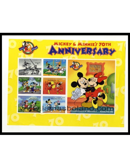 SELLOS DOMINICA 1998 - WALT DISNEY. 70º ANIVERSARIO MICKEY Y MINNIE - 6 VALORES EN HOJA BLOQUE - CORREO 