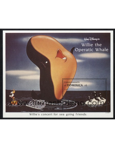 SELLOS DOMINICA 1993 - WALT DISNEY. WILLIE LA BALLENA CANTANTE DE ÓPERA - HOJITA BLOQUE DENTADA 