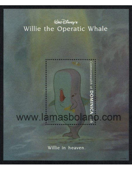 SELLOS DOMINICA 1993 - WALT DISNEY. WILLIE LA BALLENA CANTANTE DE ÓPERA - HOJITA BLOQUE DENTADA 
