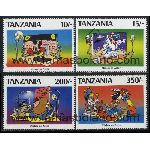 SELLOS TANZANIA 1990 - WALT DISNEY. MICKEY, ESTRELLA DE CINE - 4 VALORES - CORREO 