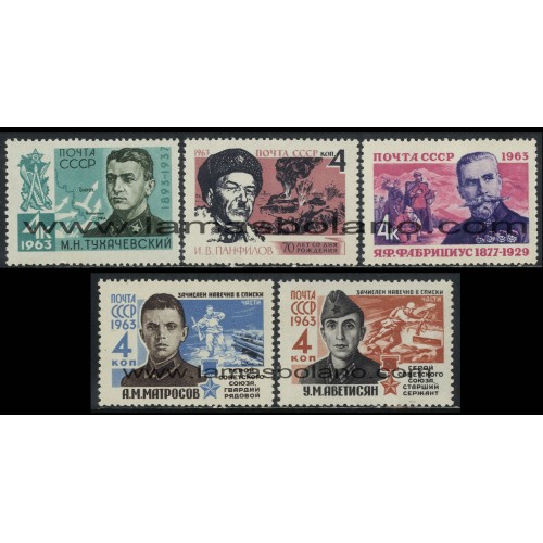 SELLOS RUSIA 1963 - EJERCITO ROJO 45 ANIVERSARIO Y HEROES SOVIETICOS - 5 VALORES - CORREO