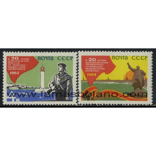 SELLOS RUSIA 1964 - 20 ANIVERSARIO DE LA LIBERACION DE ODESSA Y LENINGRADO - 2 VALORES - CORREO