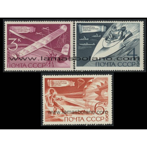 SELLOS RUSIA 1969 - DEPORTES TECNICOS - AEROMODELISMO - DEPORTES NAUTICOS - PARACAIDISMO - 3 VALORES - CORREO