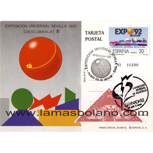 SELLOS ESPAÑA 1987 - ENTERO POSTAL - EXPO'92 SEVILLA - MATASELLO EXPOSICION UNIVERSAL SEVILLA 1992 - 1 VALOR