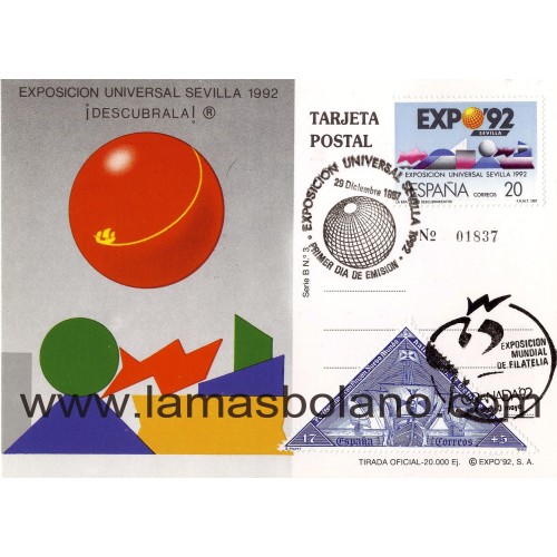 SELLOS ESPAÑA 1987 - ENTERO POSTAL - EXPO'92 SEVILLA Y GRANADA'92 - MATASELLOS EXPOSICIONES - 1 VALOR