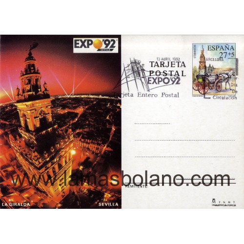 SELLOS ESPAÑA 1992 - ENTERO POSTAL - EXPOSICIÓN UNIVERSAL DE SEVILLA. EXPO'92 - MATASELLO BARCELONA - 1 VALOR