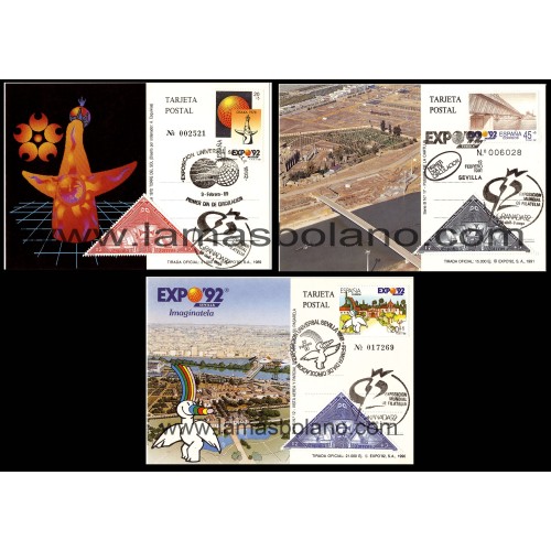 SELLOS ESPAÑA 1989 -1990 -1991  - ENTERO POSTAL - EXPO'92 SEVILLA Y GRANADA'92 - MATASELLOS EXPOSICIONES - 3 VALORES