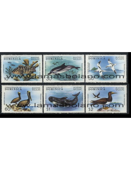 SELLOS DOMINICA 1979 - CONSERVACION DE LA FAUNA MARINA - PECES - CETACEOS - PAJAROS - 6 VALORES - CORREO