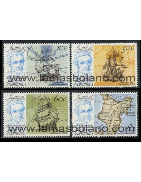 SELLOS DOMINICA 1979 - JAMES COOK BICENTENARIO DEL FALLECIMIENTO - 4 VALORES - CORREO