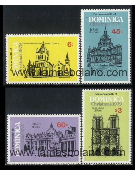 SELLOS DOMINICA 1979 - NAVIDAD - LAS MAS BELLAS CATEDRALES DEL MUNDO - 4 VALORES - CORREO