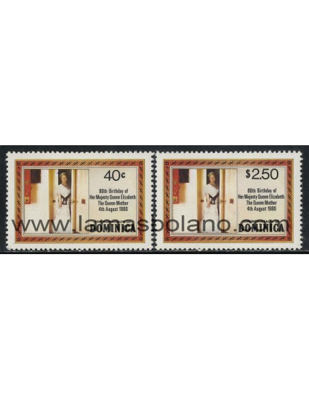 SELLOS DOMINICA 1980 - 80 ANIVERSARIO DE LA REINA MADRE ELIZABETH - 2 VALORES - CORREO