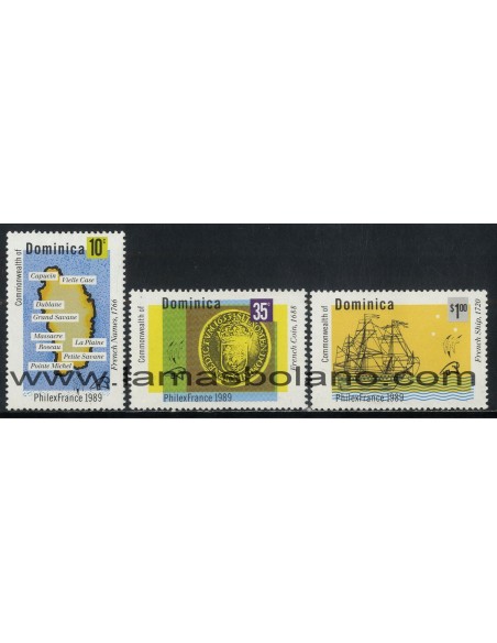 SELLOS DOMINICA 1989 - PHILEXFRANCE 89 EXPOSICION FILATELICA MUNDIAL EN PARIS - 3 VALORES - CORREO