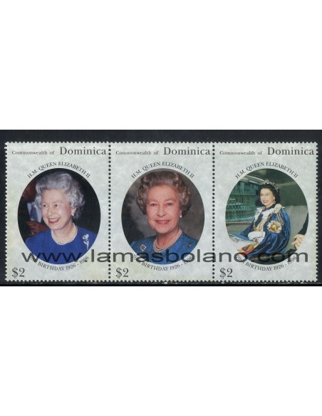 SELLOS DOMINICA 1996 - 70 ANIVERSARIO DE ELIZABETH II - 3 VALORES TRIPTICO - CORREO